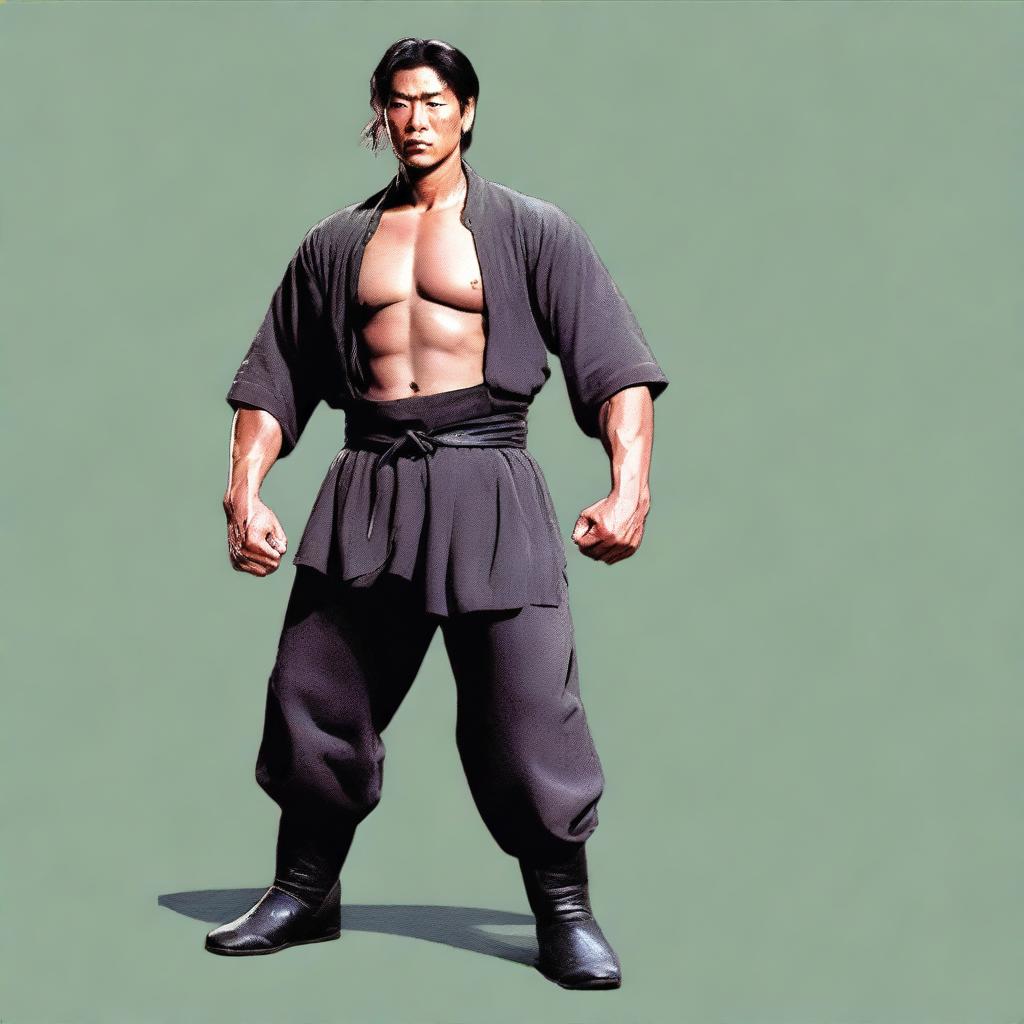 A man with broad shoulders, slightly stocky but not short, powerfully built with lean muscle from tai chi