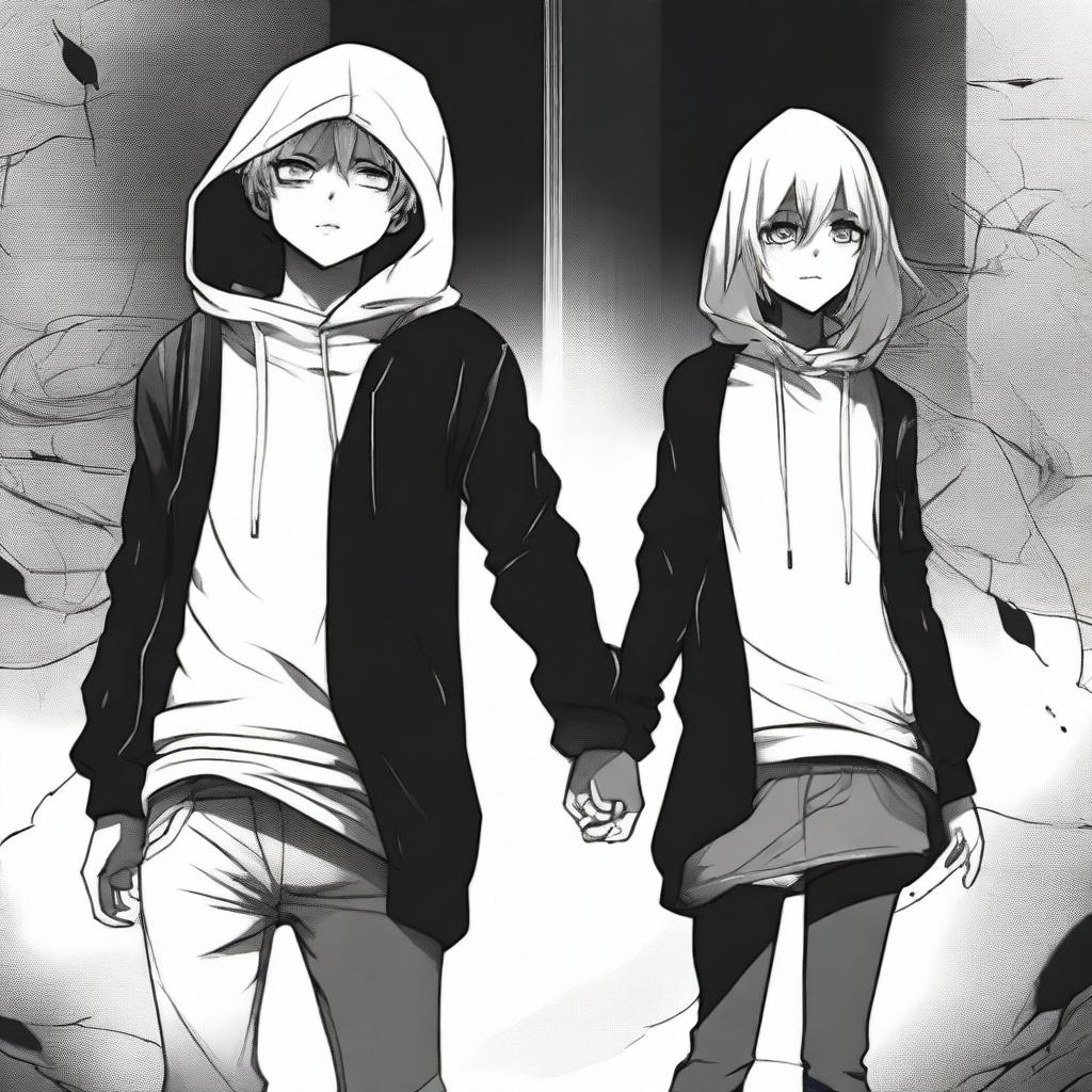 A manga boy wearing a black hoodie stands on the left, surrounded by a dark aura