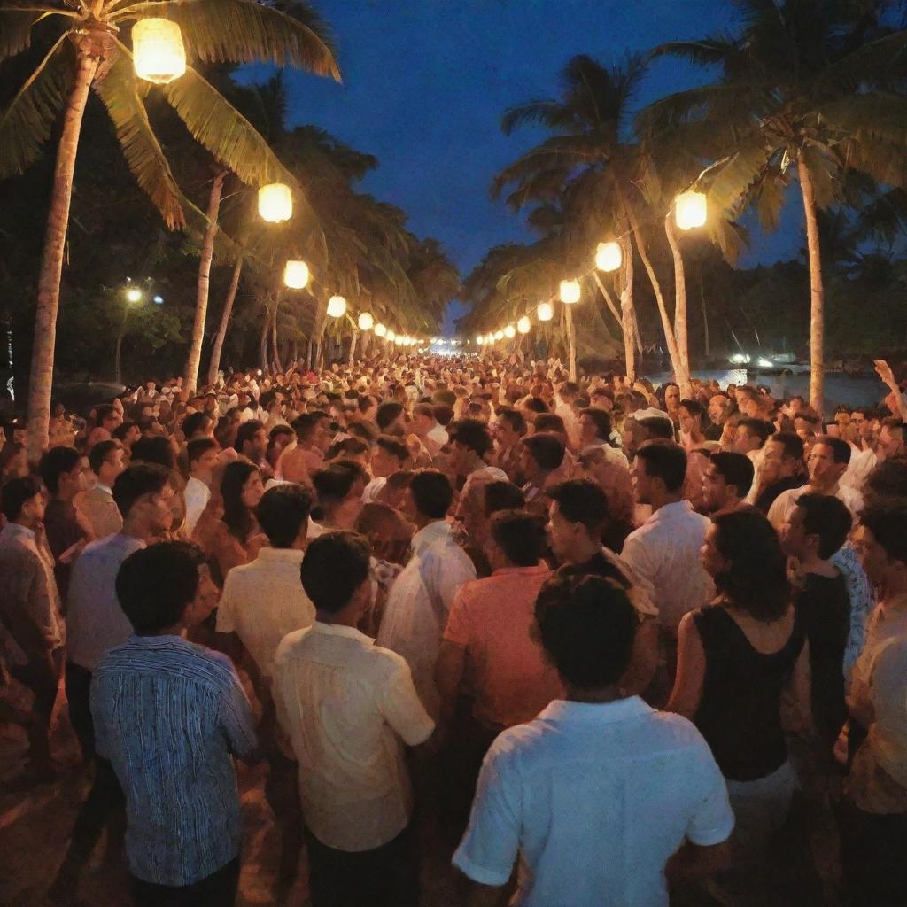 A vibrant DJ party on Hikkaduwa beach; locals and foreigners mingling in a scene reminiscent of a tropical wonderland. Glowing lanterns light up the night, illuminating the joyous crowd.