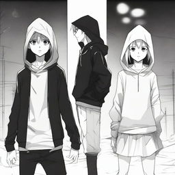 A manga boy wearing a black hoodie stands on the left, surrounded by a dark aura