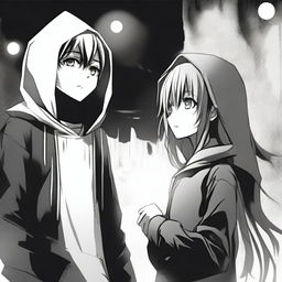 A manga boy wearing a black hoodie stands on the left, surrounded by a dark aura