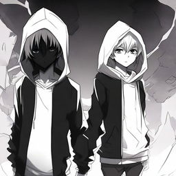 A manga boy wearing a black hoodie stands on the left, surrounded by a dark aura