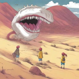 A red and white-haired manga boy rides a giant sand worm through a desert landscape