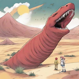 A red and white-haired manga boy rides a giant sand worm through a desert landscape