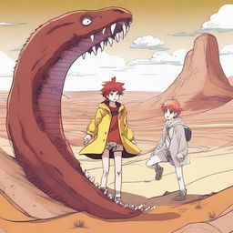 A red and white-haired manga boy rides a giant sand worm through a desert landscape