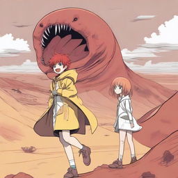 A red and white-haired manga boy rides a giant sand worm through a desert landscape