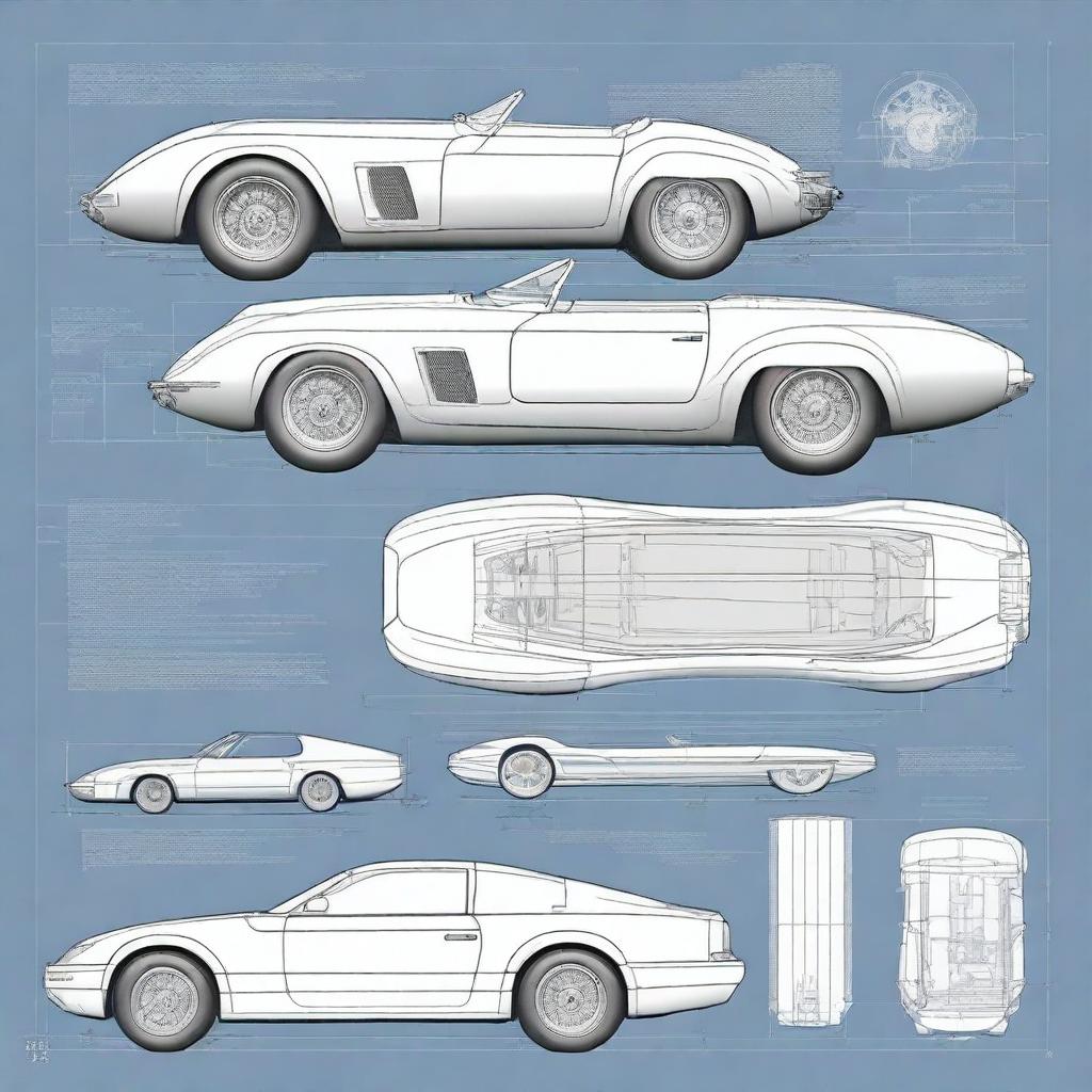 Detailed scale car blueprints showcasing various views including top, side, front, and rear angles