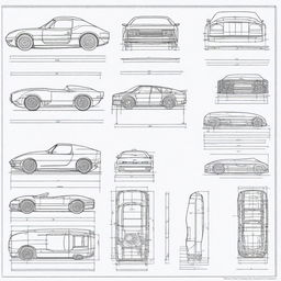 Detailed scale car blueprints showcasing various views including top, side, front, and rear angles