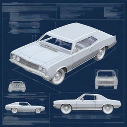 Detailed scale car blueprints showcasing various views including top, side, front, and rear angles