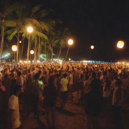 A vibrant DJ party on Hikkaduwa beach; locals and foreigners mingling in a scene reminiscent of a tropical wonderland. Glowing lanterns light up the night, illuminating the joyous crowd.