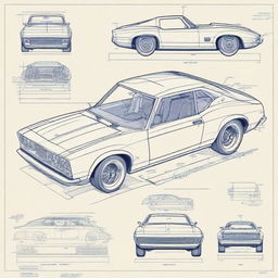 Detailed scale car blueprints showcasing various views including top, side, front, and rear angles