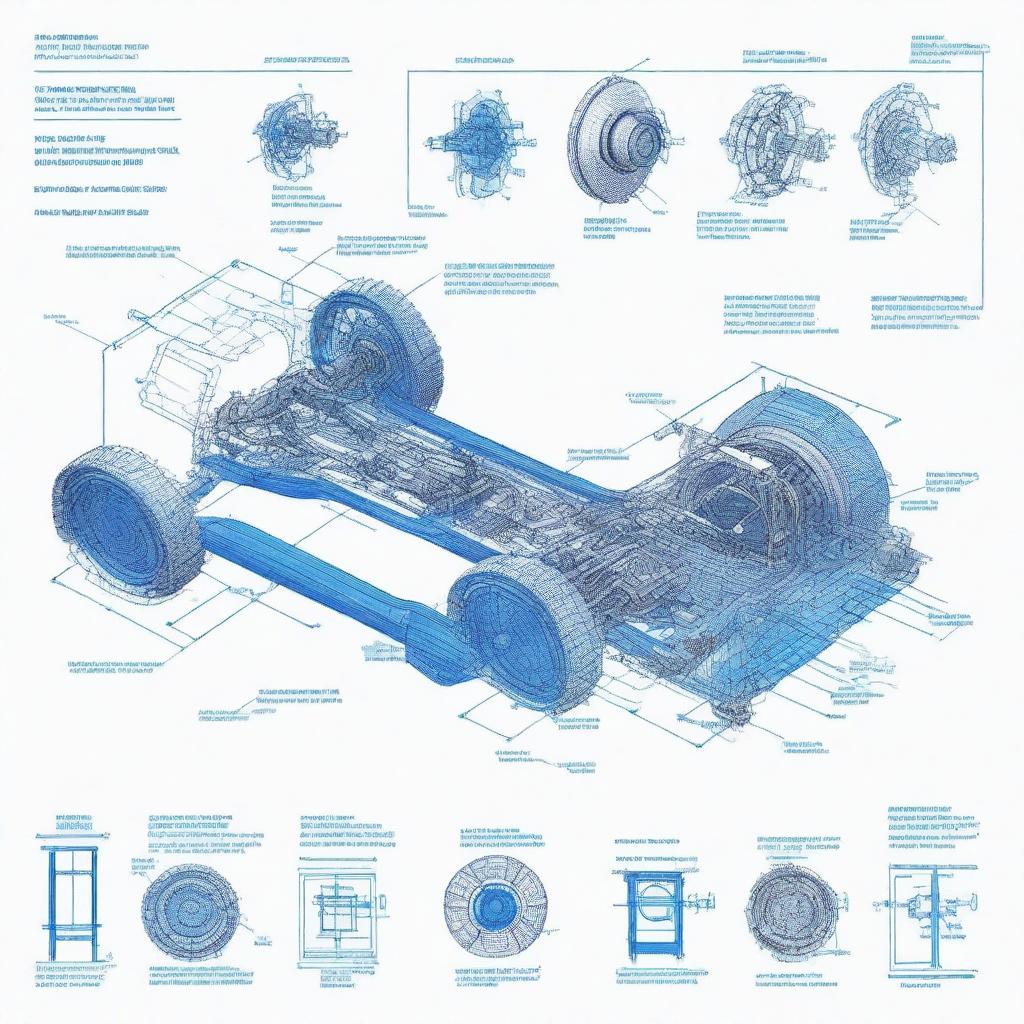 Detailed blueprint of an RC car's transmission system, showing all components including gears, shafts, and motor connections