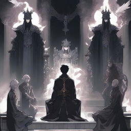 A manga guy sits on a throne in a black castle, exuding an aura of authority