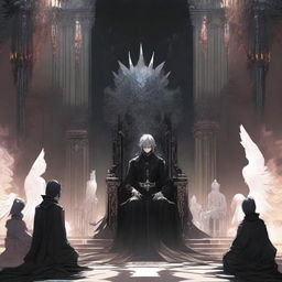 A manga guy sits on a throne in a black castle, exuding an aura of authority