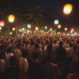 A vibrant DJ party on Hikkaduwa beach; locals and foreigners mingling in a scene reminiscent of a tropical wonderland. Glowing lanterns light up the night, illuminating the joyous crowd.