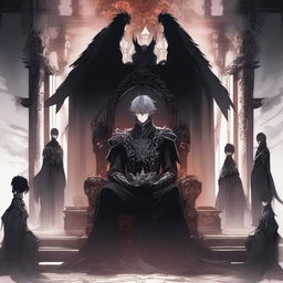 A manga guy sits on a throne in a black castle, exuding an aura of authority