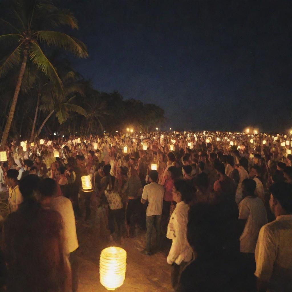 A vibrant DJ party on Hikkaduwa beach; locals and foreigners mingling in a scene reminiscent of a tropical wonderland. Glowing lanterns light up the night, illuminating the joyous crowd.