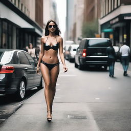 A person wearing a leather bikini and high heels walking in a busy street