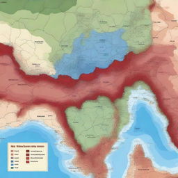 Create a detailed map featuring lands colored in red, blue, and white