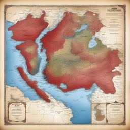 Create a detailed map featuring lands colored in red, blue, and white