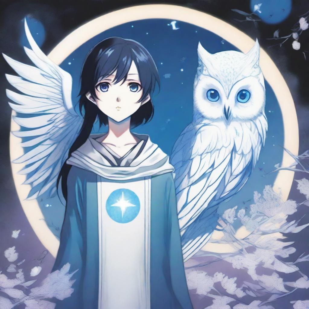 A white and black-haired manga teenage boy stands under an eclipse and summons a blue and white owl