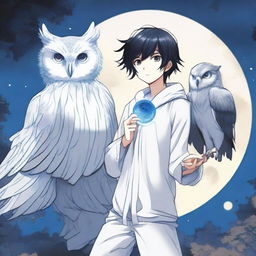 A white and black-haired manga teenage boy stands under an eclipse and summons a blue and white owl