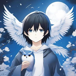 A white and black-haired manga teenage boy stands under an eclipse and summons a blue and white owl