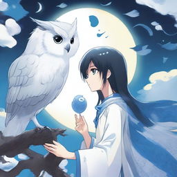 A white and black-haired manga teenage boy stands under an eclipse and summons a blue and white owl