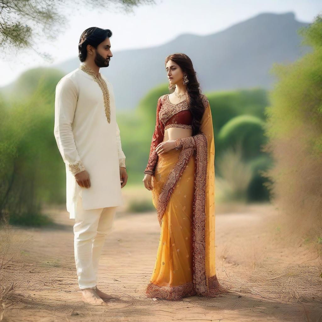 A Pakistani girl wearing a traditional sari with a short blouse, showcasing an attractive figure, standing outdoors with her husband