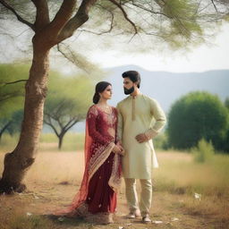 A Pakistani girl wearing a traditional sari with a short blouse, showcasing an attractive figure, standing outdoors with her husband