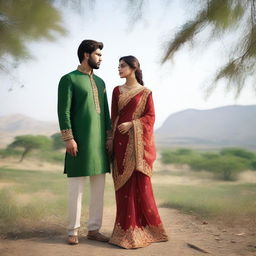 A Pakistani girl wearing a traditional sari with a short blouse, showcasing an attractive figure, standing outdoors with her husband