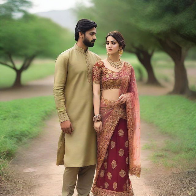 A Pakistani girl wearing a traditional sari with a short blouse, showcasing an attractive figure, standing outdoors with her husband