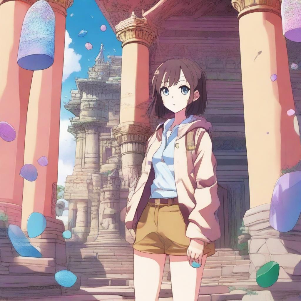 A pale-looking manga girl wearing a coat and shorts explores an ancient temple