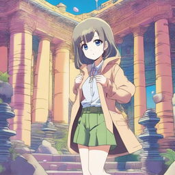 A pale-looking manga girl wearing a coat and shorts explores an ancient temple