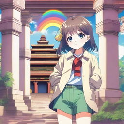 A pale-looking manga girl wearing a coat and shorts explores an ancient temple