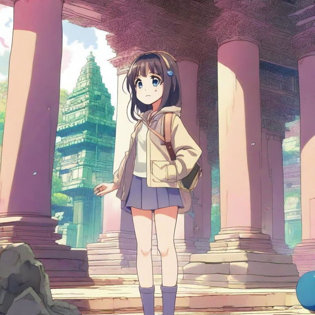 A pale-looking manga girl wearing a coat and shorts explores an ancient temple