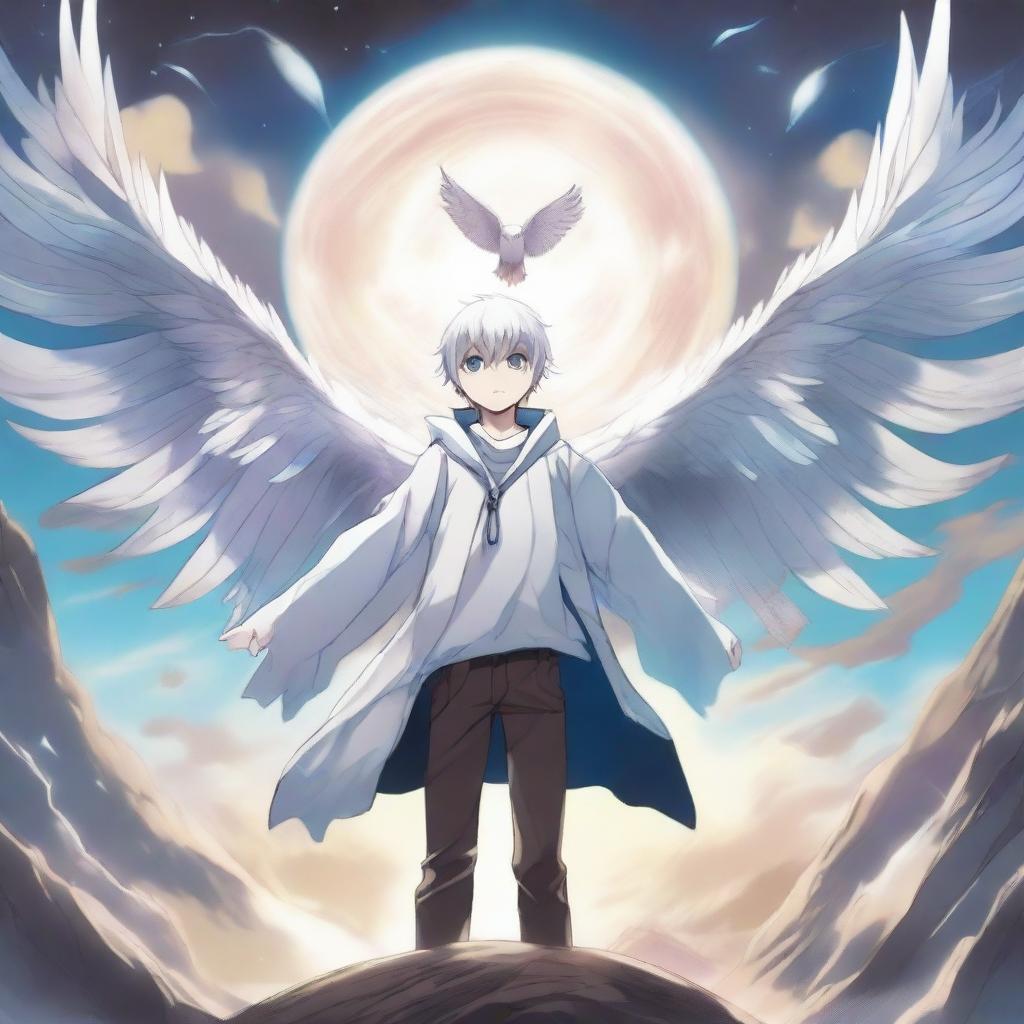 A white-haired and blue-eyed teenage manga boy stands with his hands raised, creating a huge portal in the sky