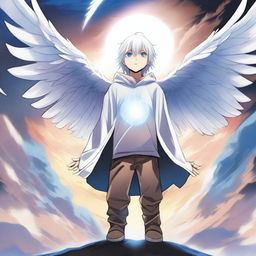 A white-haired and blue-eyed teenage manga boy stands with his hands raised, creating a huge portal in the sky