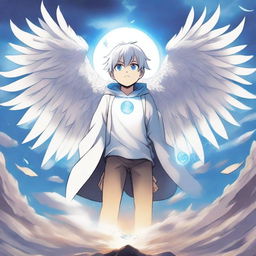 A white-haired and blue-eyed teenage manga boy stands with his hands raised, creating a huge portal in the sky