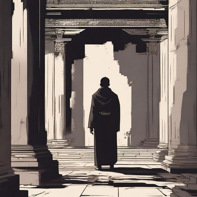 A distressed-looking manga man explores an ancient temple