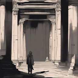 A distressed-looking manga man explores an ancient temple