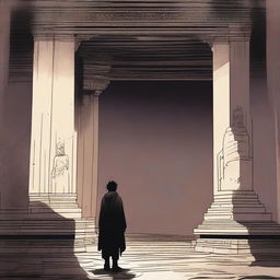 A distressed-looking manga man explores an ancient temple