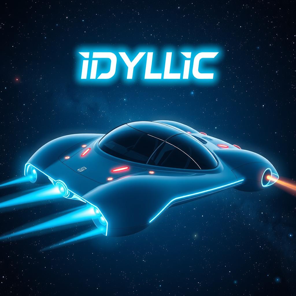 A futuristic flying car in space with the word 'IDYLLIC' in bold, futuristic font above it