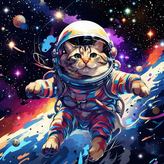 A whimsical scene of a cat flying through space, wearing a tiny astronaut helmet, surrounded by colorful nebulas, stars, galaxies, and planets