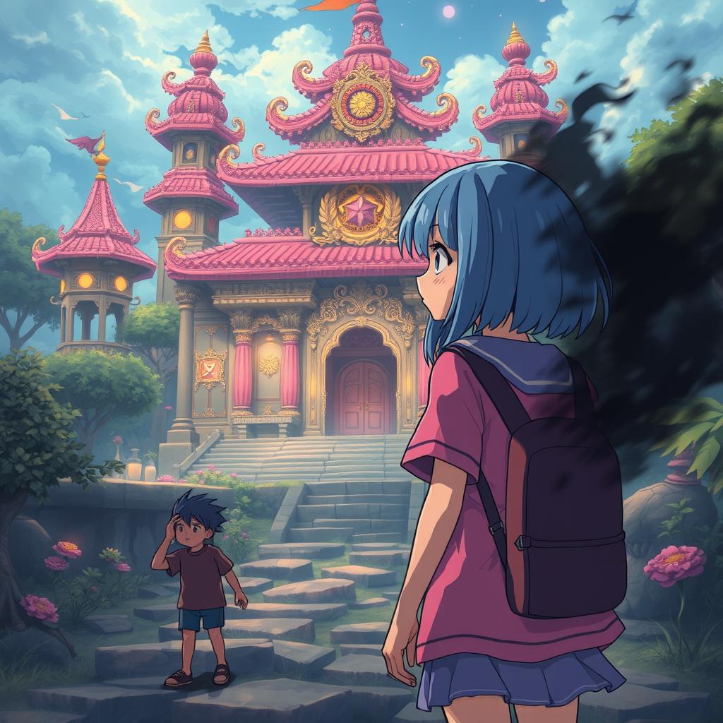 A pink and blue-haired manga girl discovers the Daydream Temple, a fantastical temple filled with wonder and magic