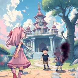 A pink and blue-haired manga girl discovers the Daydream Temple, a fantastical temple filled with wonder and magic