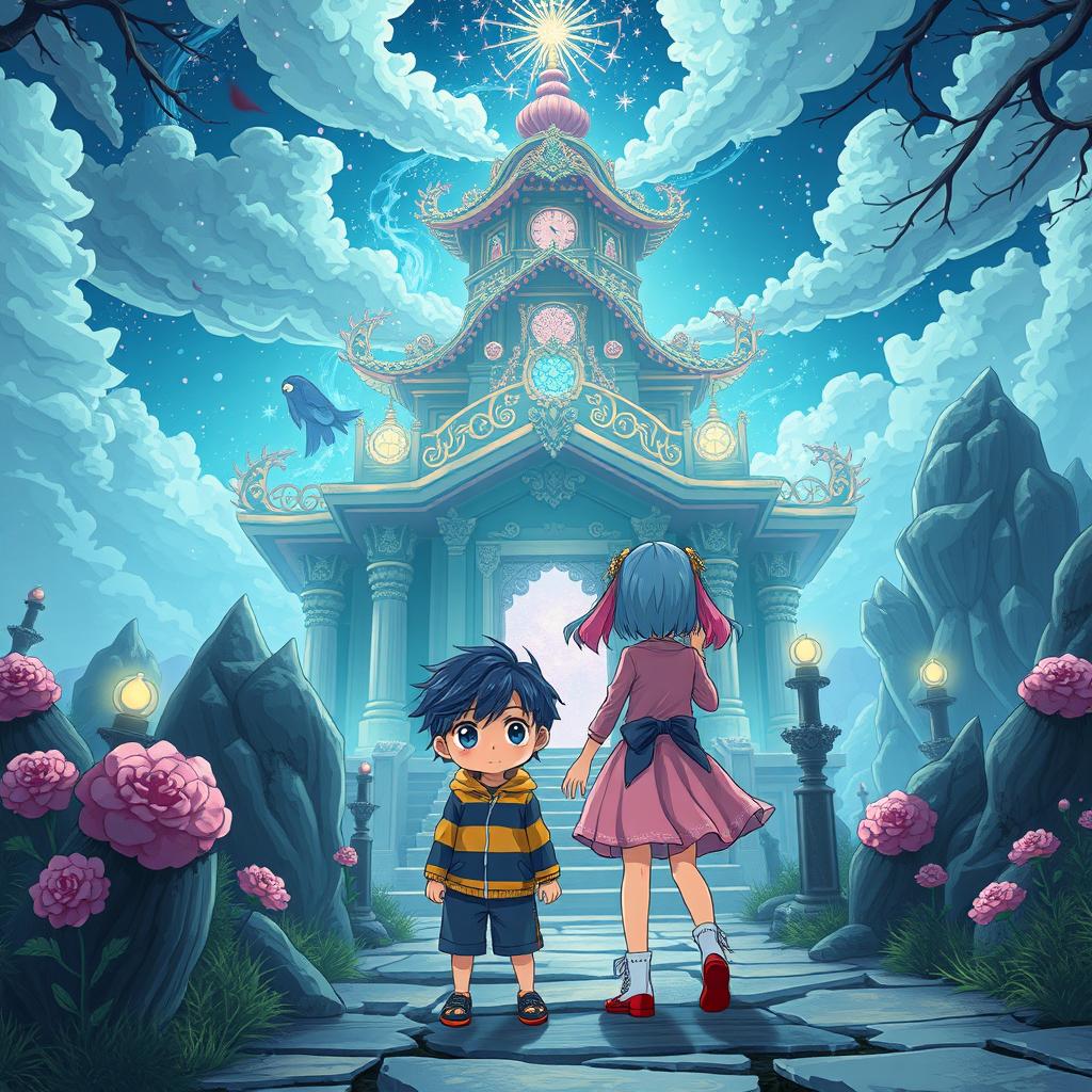 A pink and blue-haired manga girl discovers the Daydream Temple, a fantastical temple filled with wonder and magic