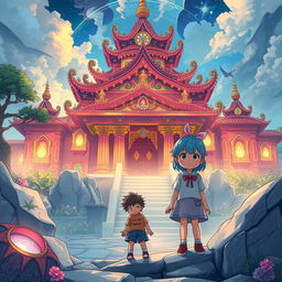 A pink and blue-haired manga girl discovers the Daydream Temple, a fantastical temple filled with wonder and magic