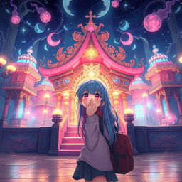 A pink and blue-haired manga girl discovers the Daydream Temple, a fantastical temple filled with wonder and magic