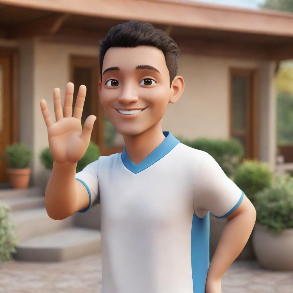 A friendly avatar waving hello in a warm and welcoming setting